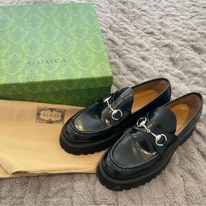 Gucci Lug Sole Horsebit Leather Loafers, black, 40